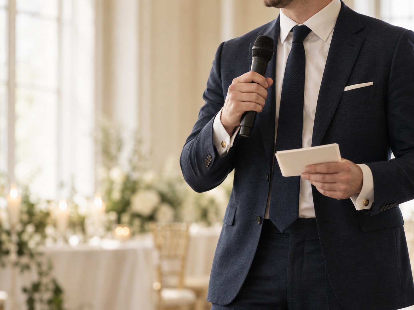 Illustrative scene of a best man holding a microphone and speech cards