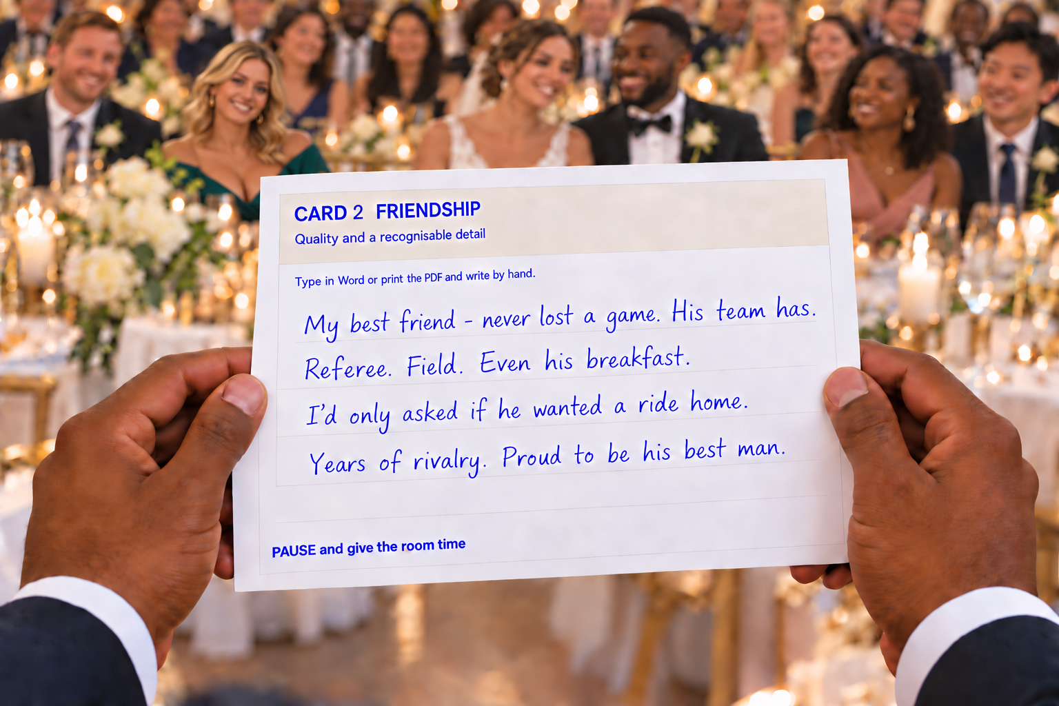 Illustrative view of a young adult Black best man holding a cue card, with a wedding couple and a mixed crowd of Black, white and Asian guests softly blurred behind it